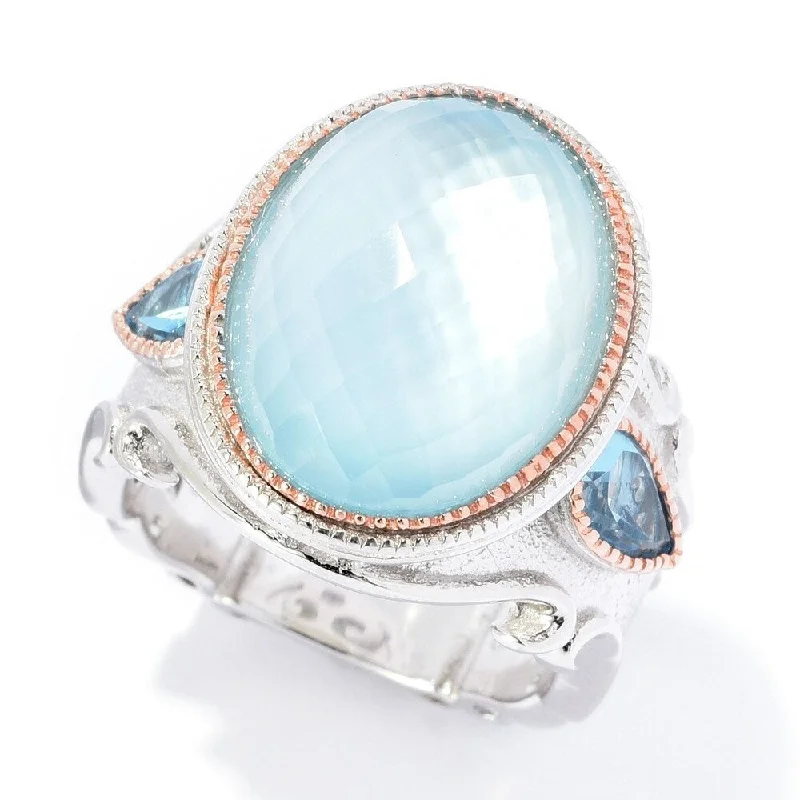 Sterling Silver 16 x 12mm Blue Topaz & Mother-of-Pearl Doublet Ring