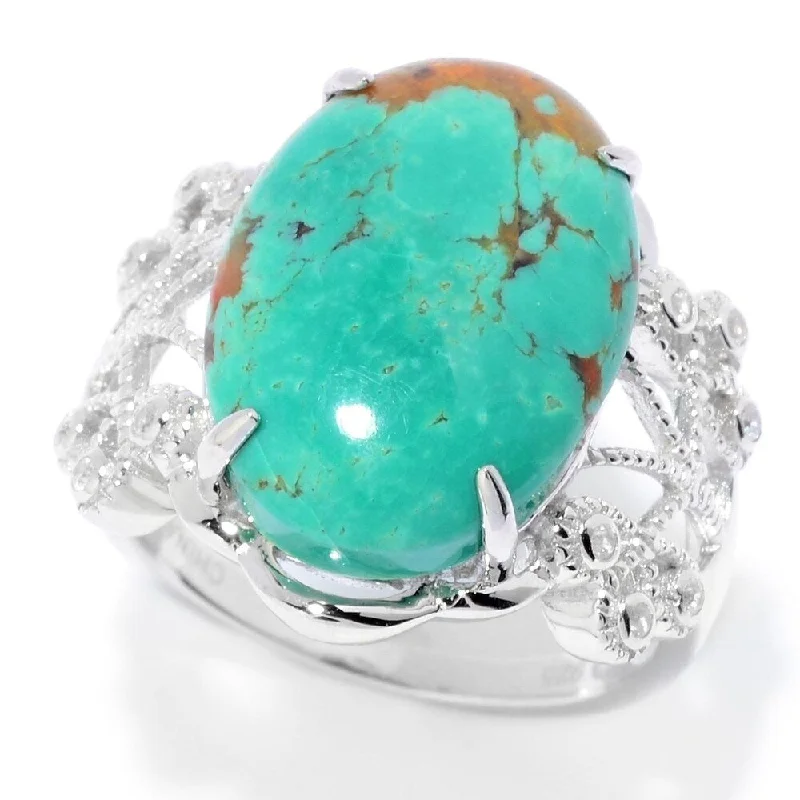 Sterling Silver 17 x 12mm Oval Tyrone Turquoise & White Zircon Ring