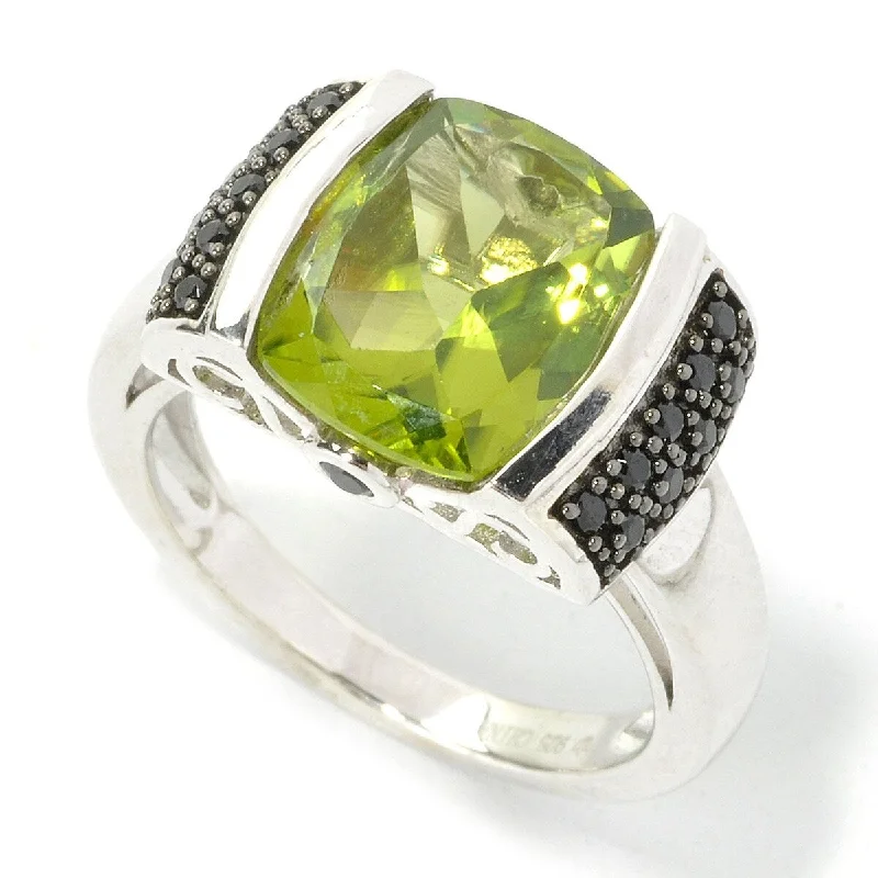 Sterling Silver 3.85Ctw 9Mm Cushion Peridot & Black Spinel Ring