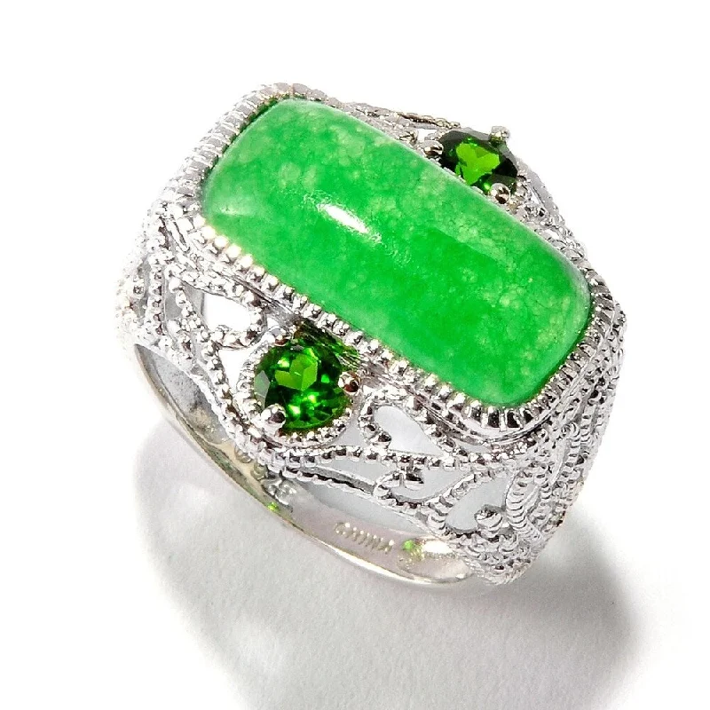 Sterling Silver 5.13Ctw Green Jade and Chrome Diopside Ring