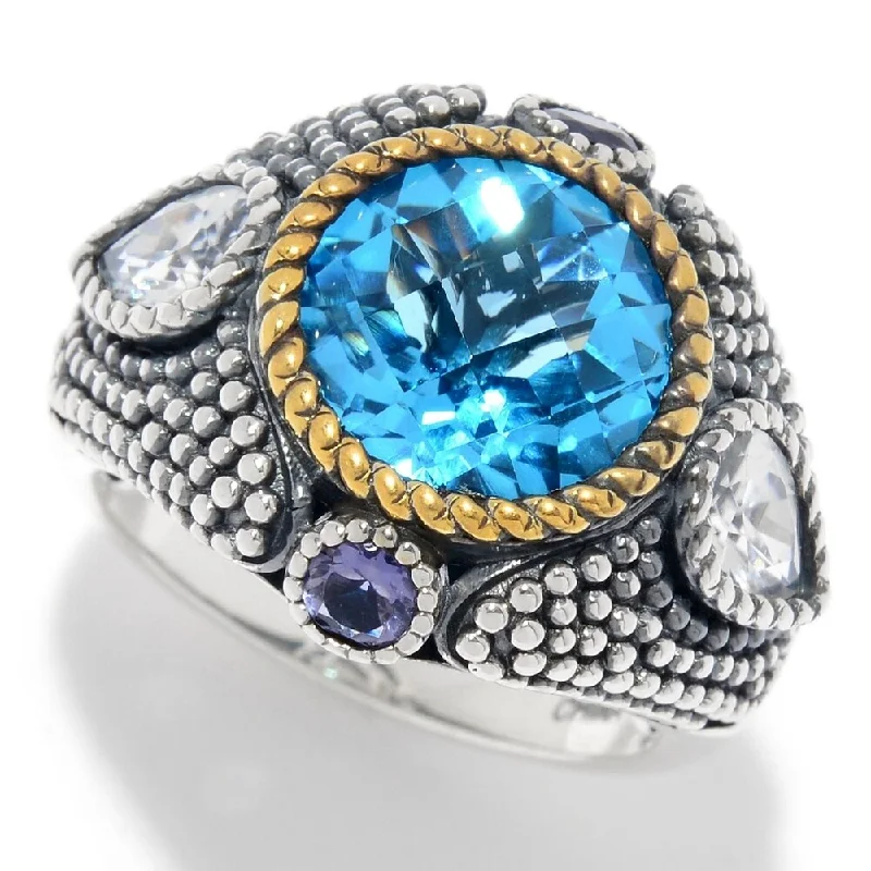 Sterling Silver 5.20ctw Swiss Blue Topaz & Multi Gem Beaded Ring