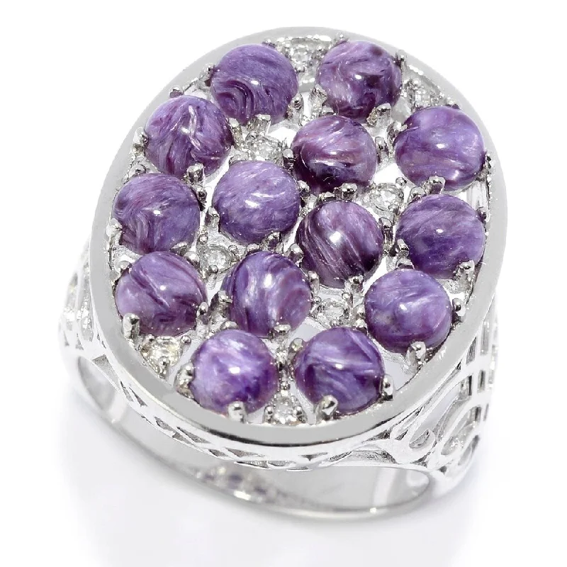 Sterling Silver Charoite & White Topaz Oval Shaped Ring