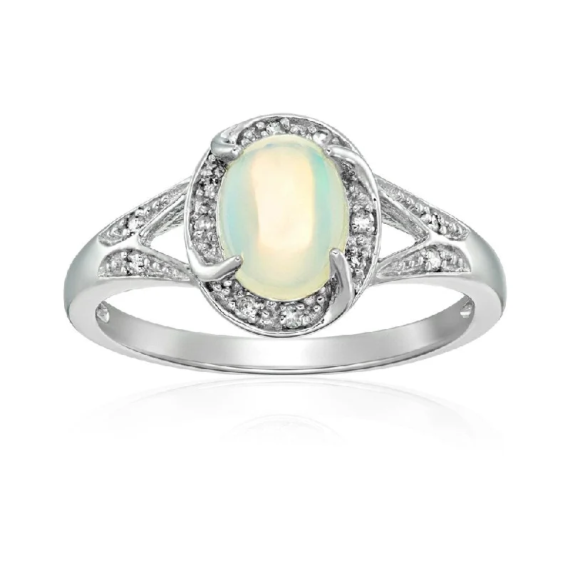 Sterling Silver Ethiopian Opal & Diamond Accented Engagement Ring Size - 7