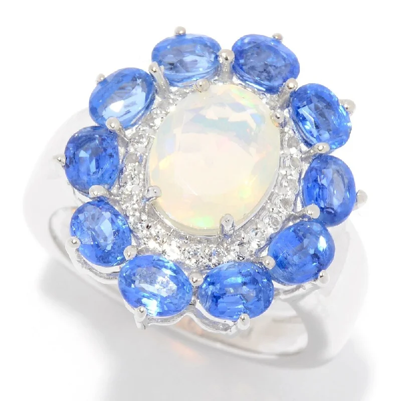 Sterling Silver Ethiopian Opal, Kyanite & White Topaz Flower Ring