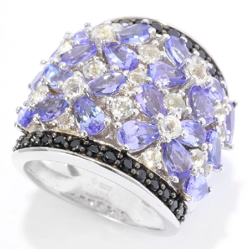 Sterling Silver Exotic Tanzanite, White Topaz & Black Spinel Ring