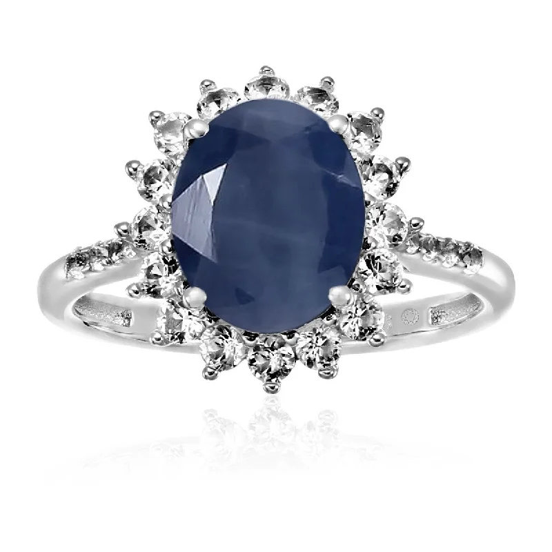 Sterling Silver Indian Blue Sapphire and Created White Sapphire Ring