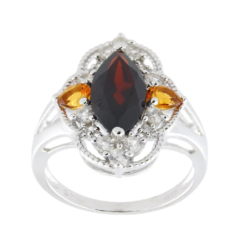 Sterling Silver Marquise Garnet Citrine and White Zircon Ring - Red