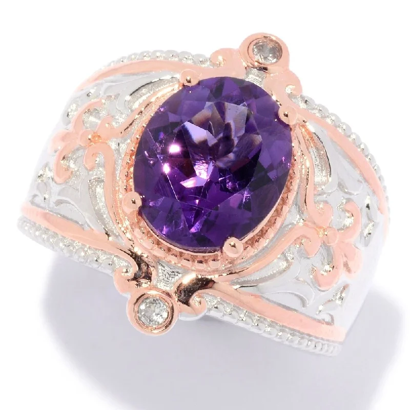 Sterling Silver Oval Amethyst & White Zircon Fleur-de-lis Ring