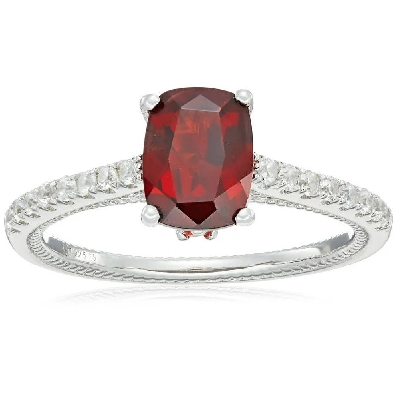 Sterling Silver Red Garnet, Orange Sapphire And Natural White Zircon Cushion Solitaire Engagement Ring, Size 7