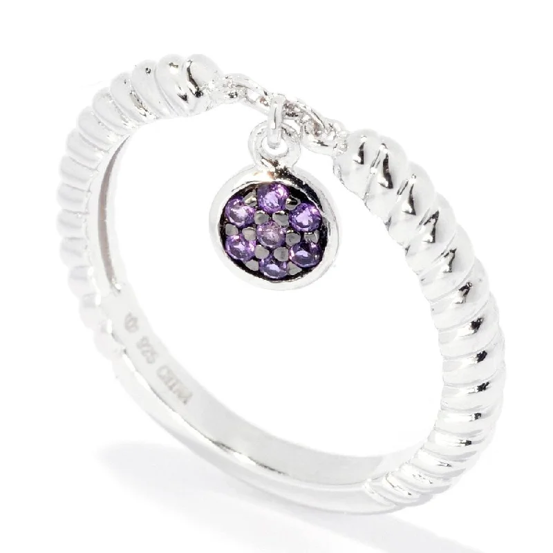 Sterling Silver Round Amethyst Dangle Charm Stack Band Ring