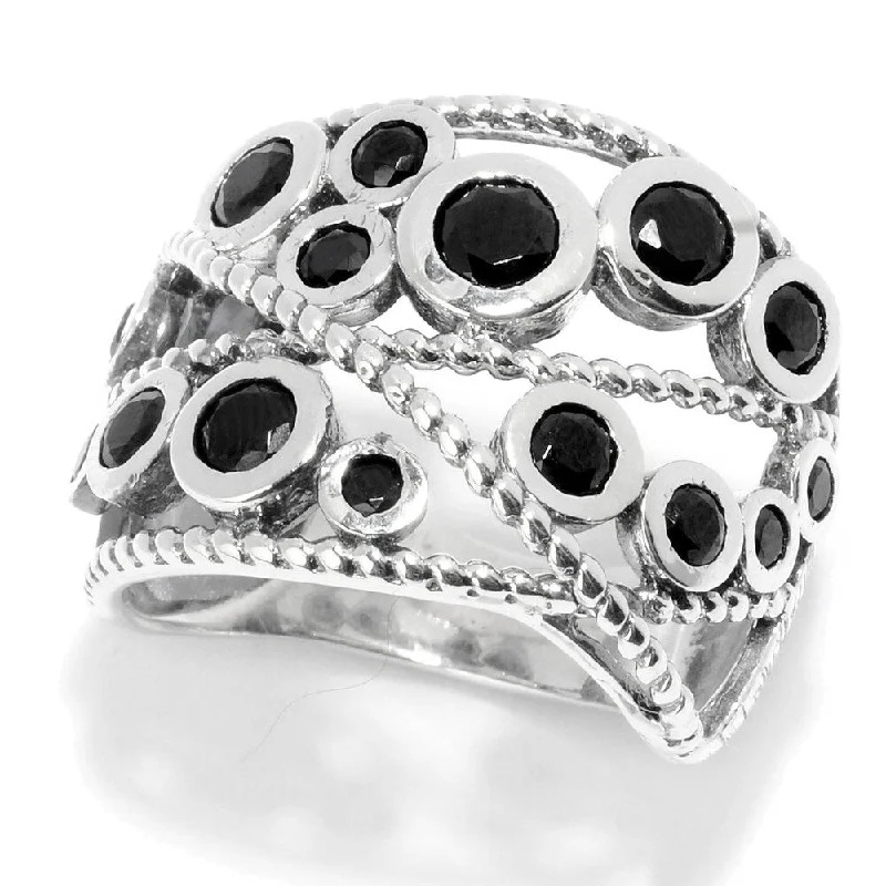 Sterling Silver Round Black Spinel Beaded Wide Band Ring