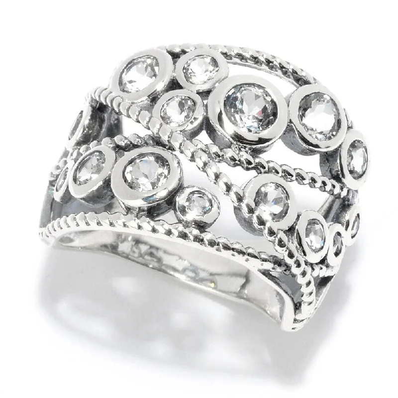 Sterling Silver Round White Topaz Beaded Wide Band Ring