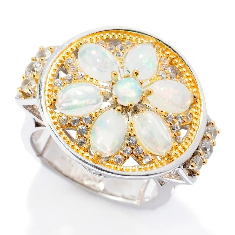 Sterling Silver Two-tone Ethiopian Opal & White Zircon Flower Ring