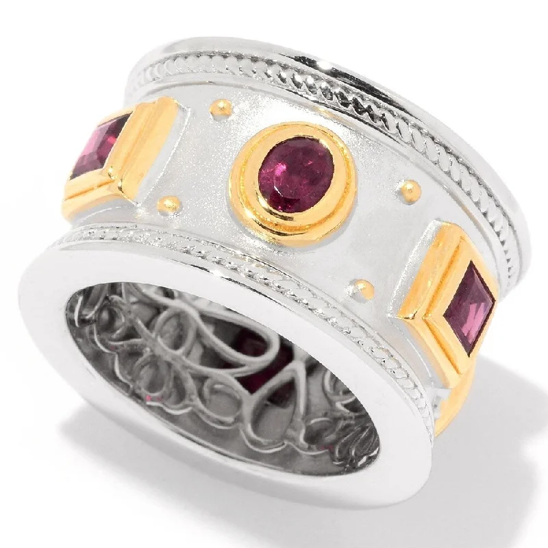 Sterling Silver Two-tone Rhodolite Etruscan Wide Band Ring