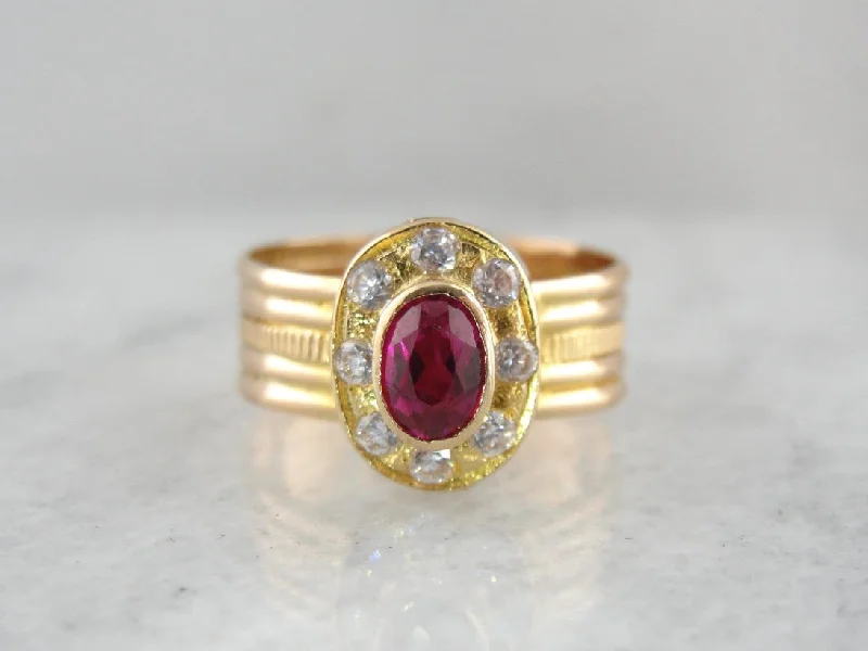 Synthetic Ruby and White Zircon Halo Ring in Yellow Gold, Made with Vintage Parts