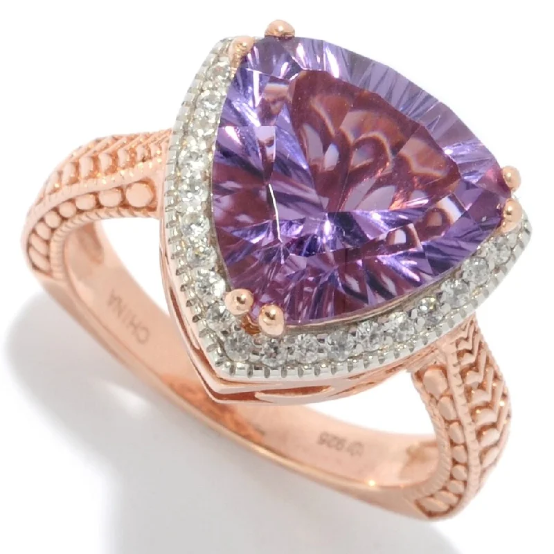 Trillion Shaped Pink Amethyst & White Zircon Halo Ring