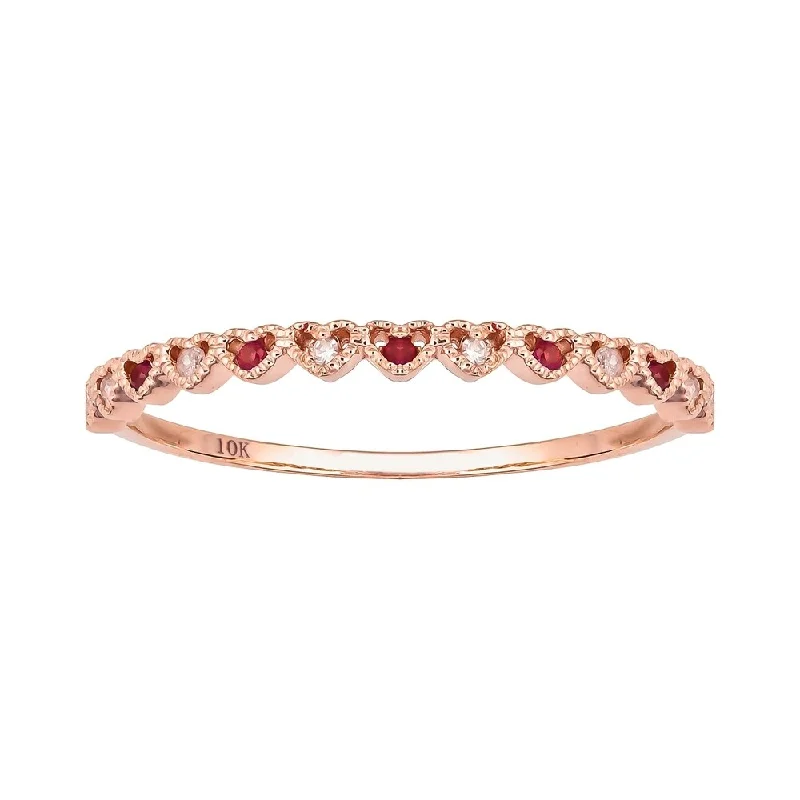 Viducci 10k Rose Gold Genuine Ruby and Diamond Petite Heart Stackable Band