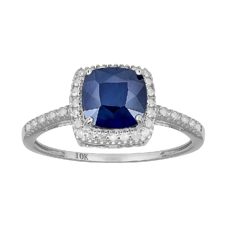 Viducci 10k White Gold Genuine Cushion-cut Sapphire and Diamond Halo Ring