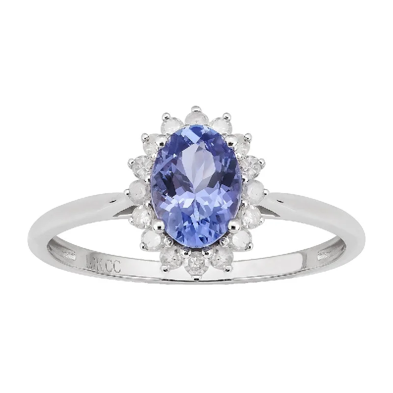 Viducci 10k White Gold Genuine Oval Tanzanite and Diamond Halo Ring