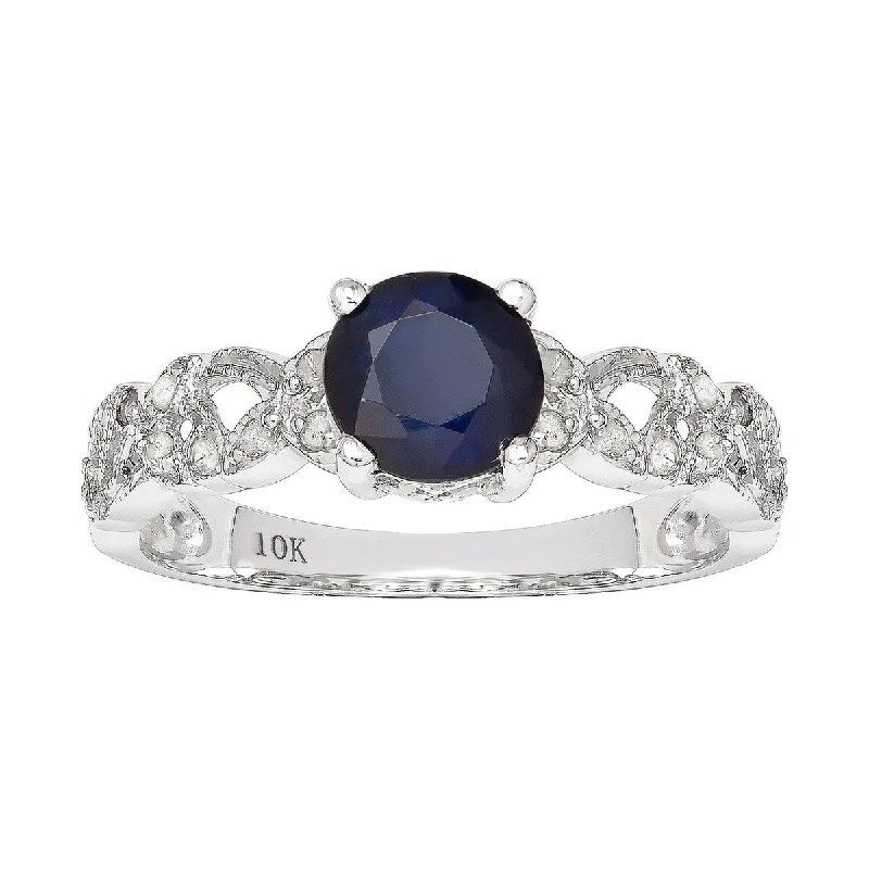 Viducci 10k White Gold Vintage Style Genuine Round Sapphire and Diamond Filigree Ring