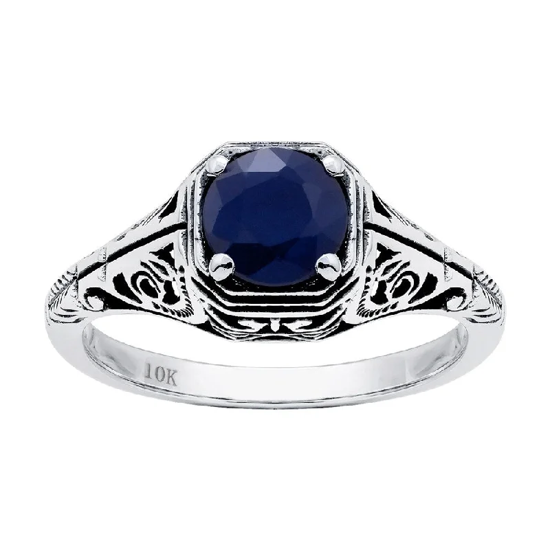 Viducci 10k White Gold Vintage Style Genuine Round Sapphire Filigree Ring