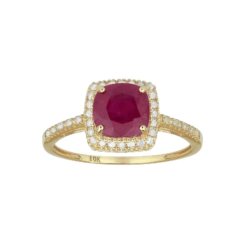 Viducci 10k Yellow Gold Genuine Cushion-cut Ruby and Diamond Halo Ring