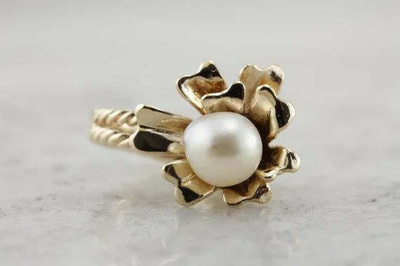 Vintage Floral Ring with White Pearl Center