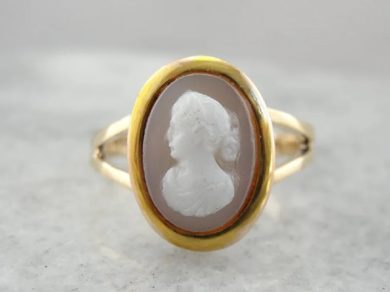 Vintage Hardstone Cameo Ring in Polished Gold Spit Shank Setting