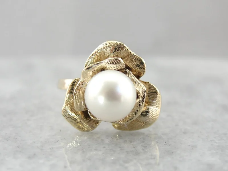 Whimsical Rose and Pearl Lady's Ring