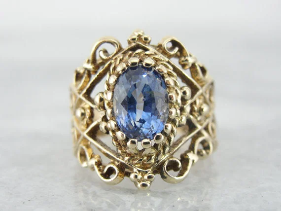 Wide Filigree Blue Ceylon Sapphire Ring