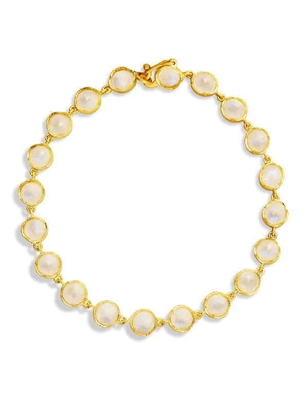 Rose Cut Rainbow Moonstone Petite Classic Link Yellow Gold Bracelet