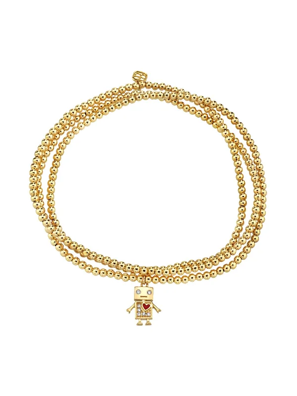 Baby Diamond Robot Charm on Triple Yellow Gold Beaded Bracelet