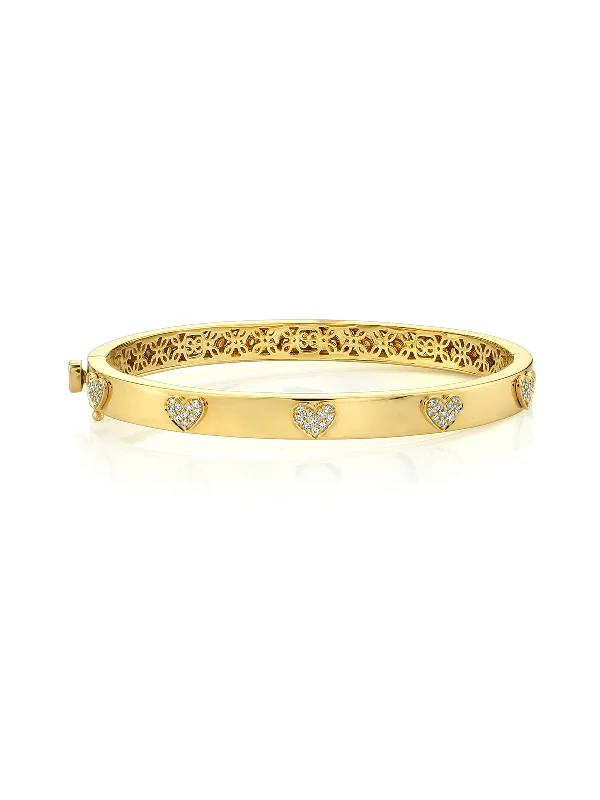 Diamond Heart Hinged Yellow Gold Bangle Bracelet