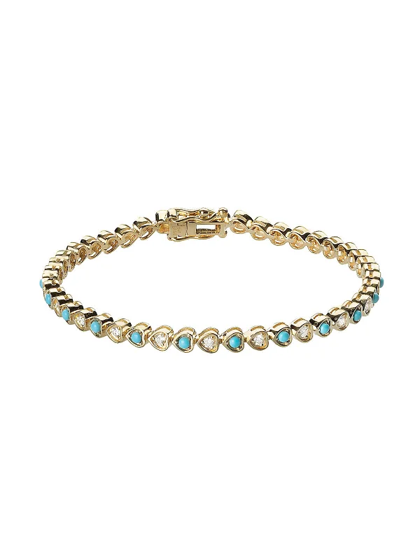 Diamond & Turquoise Heart Yellow Gold Tennis Bracelet