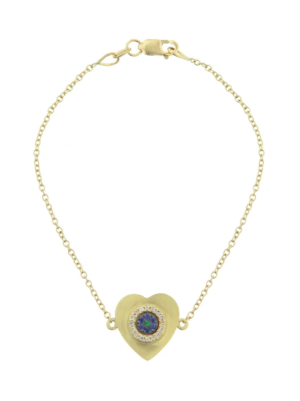 Double Sided Evil Eye Heart Charm on Yellow Gold Bracelet