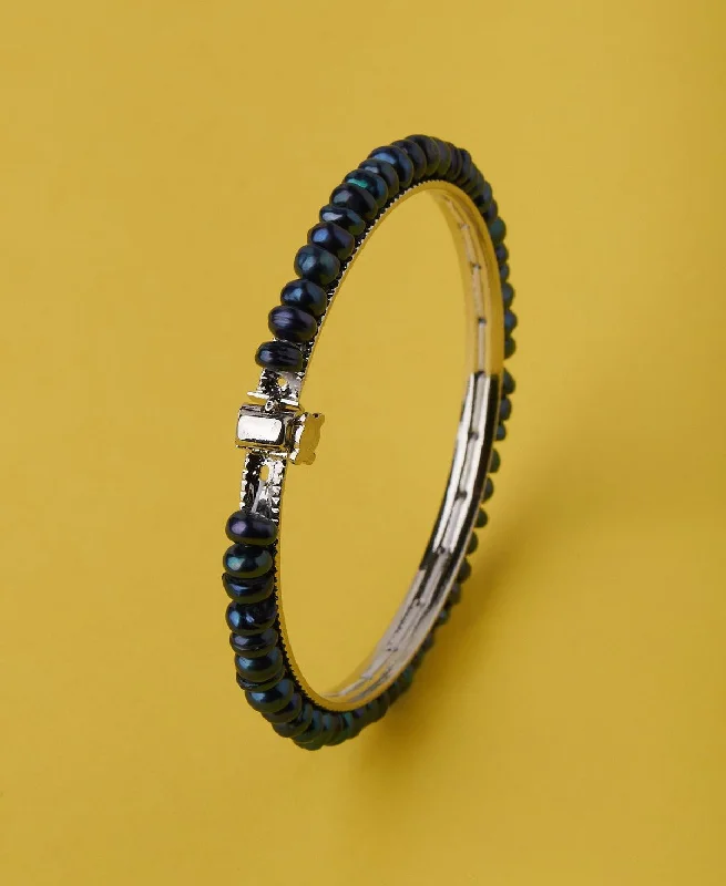 Elegant Rhodium Black Pearl Bangle