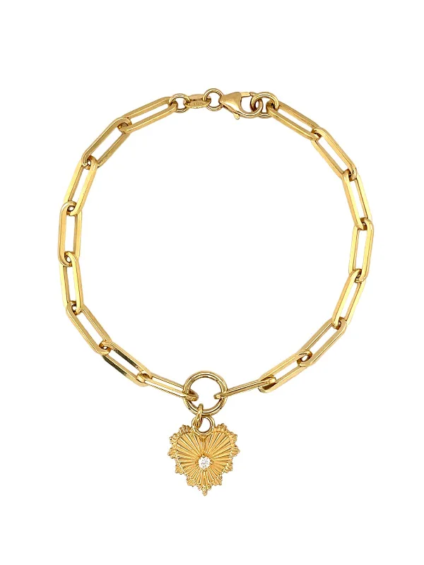 Mini Heart Medallion with Diamond Center on Clip Chain Yellow Gold Bracelet