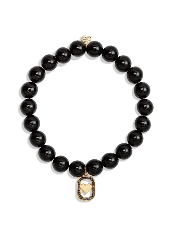 Open Heart Icon on Smooth Onyx Beaded Bracelet