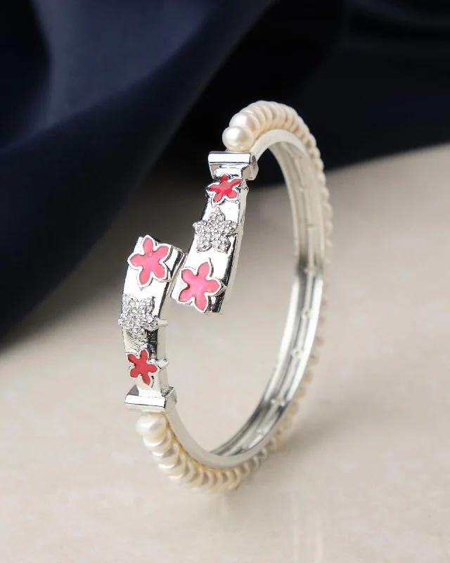 Floral Enamel Stone Studded Pearl Bangle