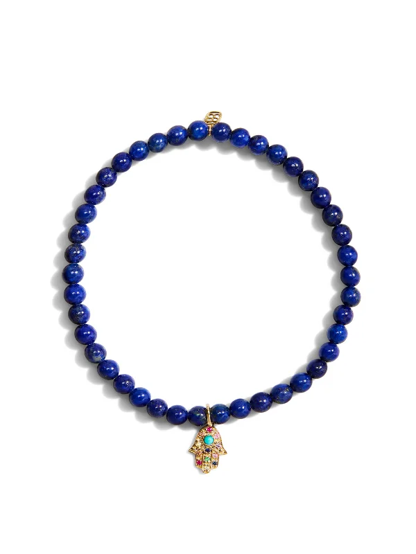 Rainbow Hamsa on Smooth Lapis Beaded Bracelet