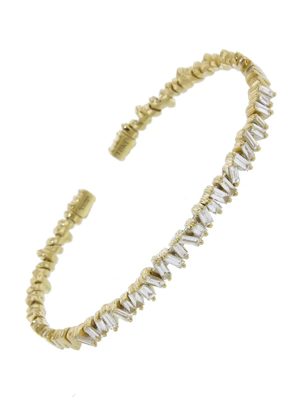 Small Flexible White Diamond Baguette Firework Yellow Gold Bracelet