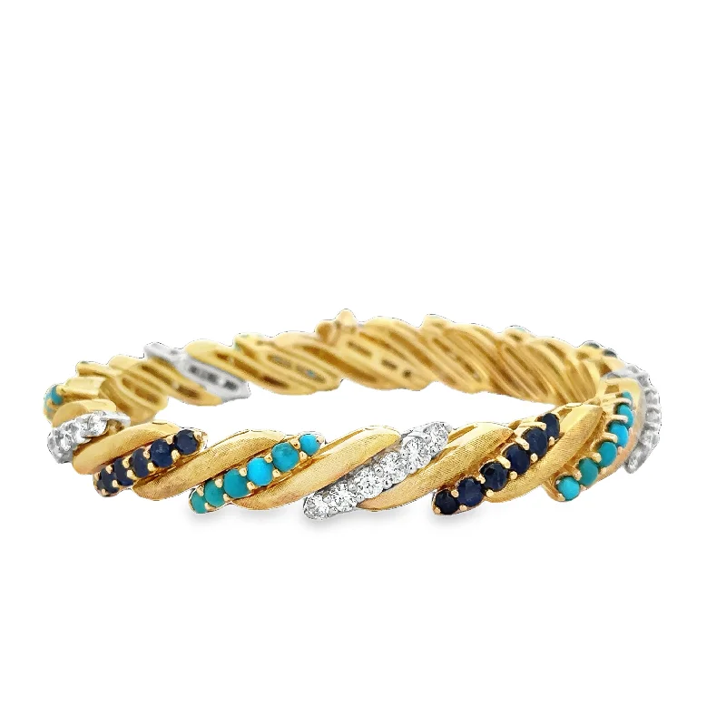 Vintage Sapphire, Turquoise and Diamond Bracelet in 18k Yellow Gold