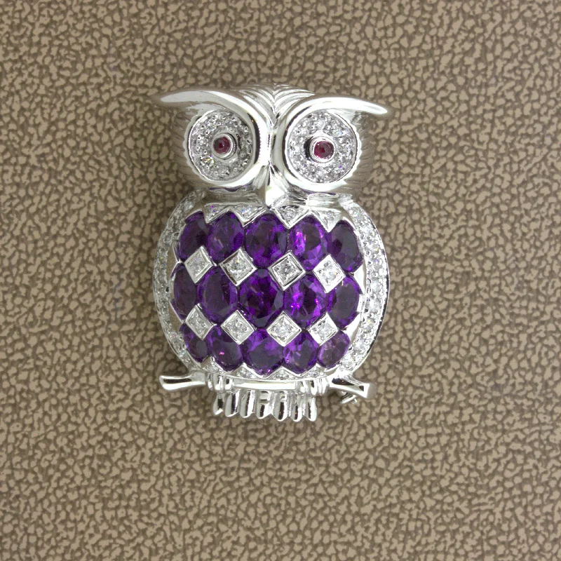 Amatheyst Diamond 18k White Gold Owl Pendant Brooch