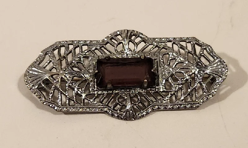 Antique Edwardian Amethyst Chromium Silver Filigree Brooch Pin