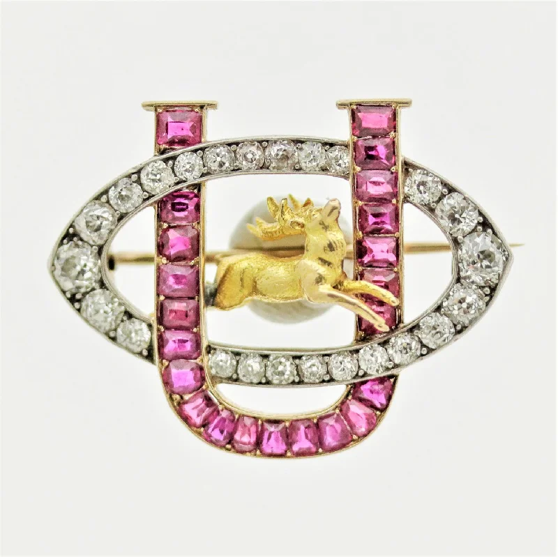 Antique Ruby Diamond Gold-Stag Brooch, Circa 1890