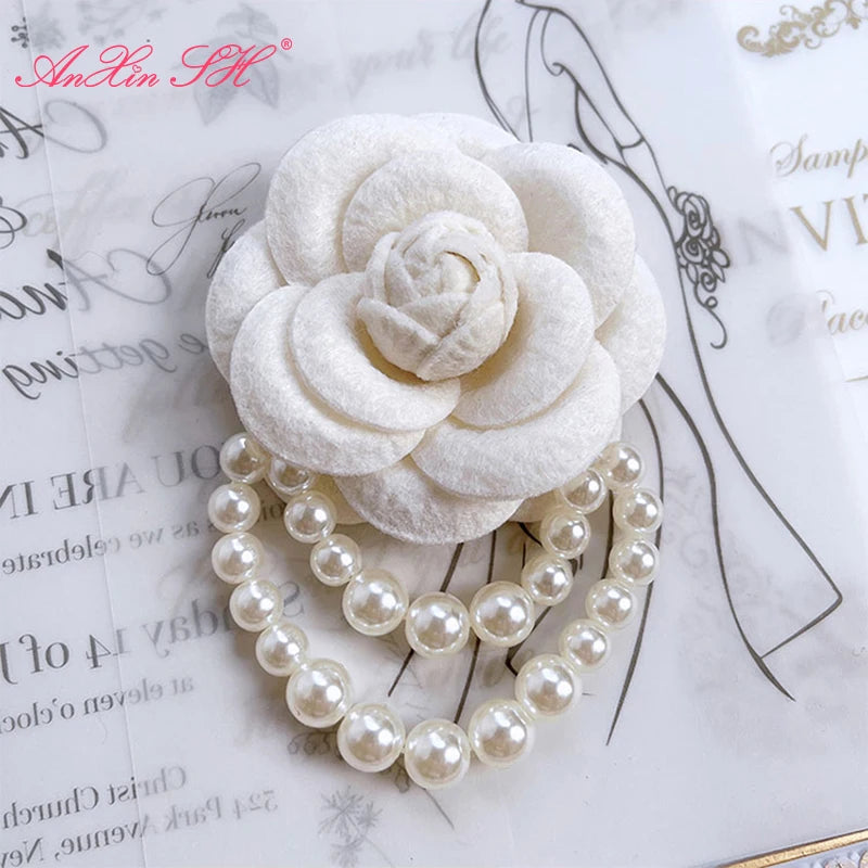 Broochs  princess Hand made white rose camellia brooch collar flower black blue Stereoscopic brooch pin bride decoration pin