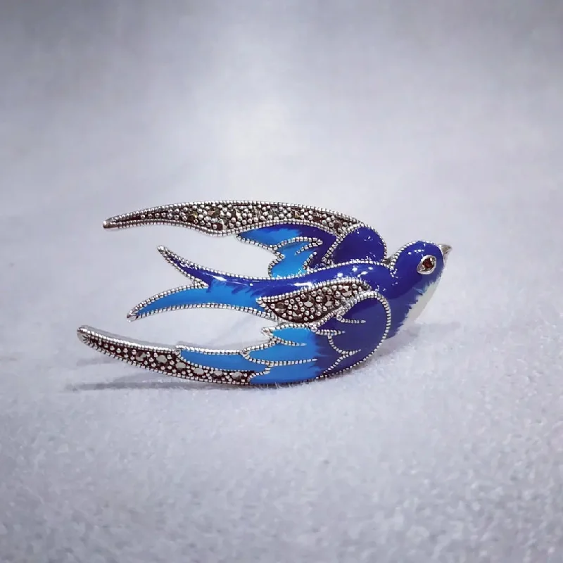 Blue enamel Bird Brooch silver Marcasite enamel