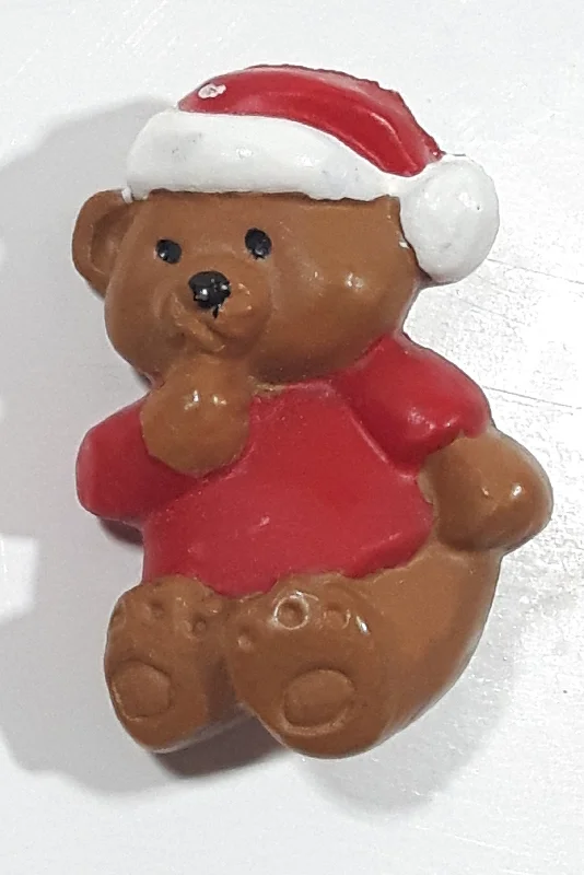 Brown Teddy Bear Wearing Santa Claus Hat 3/4" x 1 1/4" Resin Christmas Brooch Pin