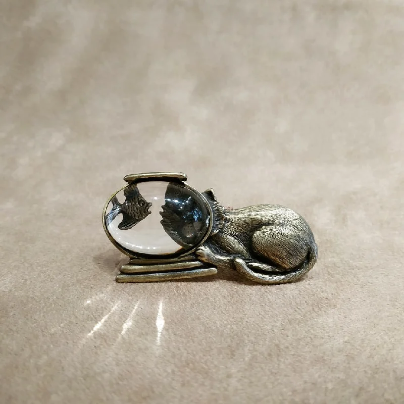 Cat and fishbowl brooch in gold tone pewter by JJ