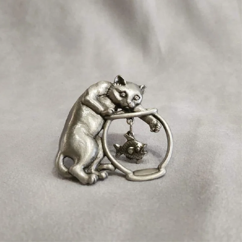 JJ Cat brooch  with a Dangling Fish in a Fishbowl in pewter